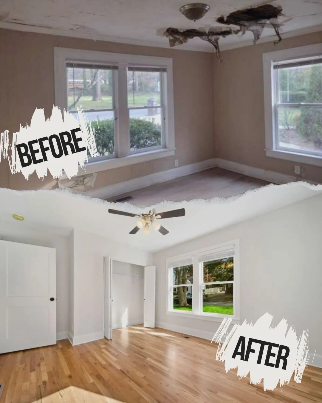 Living area · before and after — Atlanta flip financed by Tidal Loans