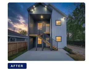 Completed new-construction duplex in Houston 77021 built with a Tidal Loans ground-up construction loan