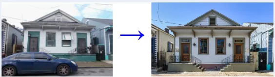 Before and after exterior renovation of a historic New Orleans French Quarter fix and flip home