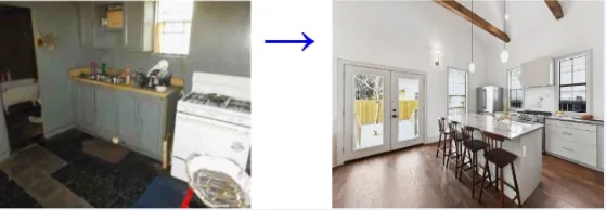Before and after renovation of a New Orleans French Quarter kitchen fix and flip financed by Tidal Loans