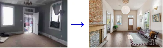 Before and after renovation of a New Orleans French Quarter living room fix and flip