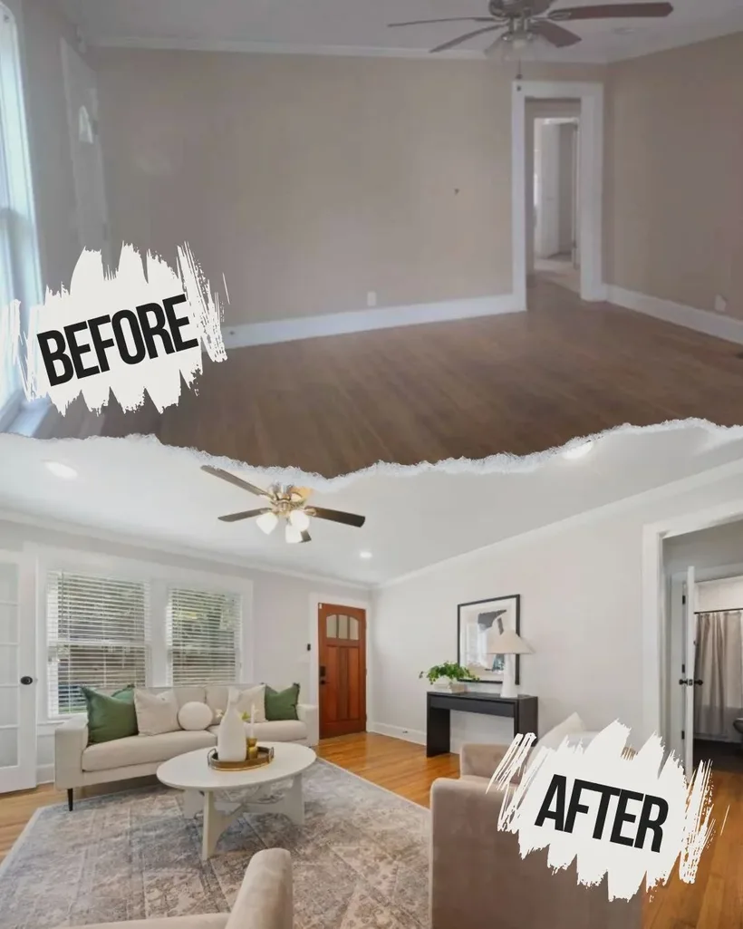 Before and after of the Atlanta flip's exterior — dated facade transformed into a repainted, landscaped single-family home