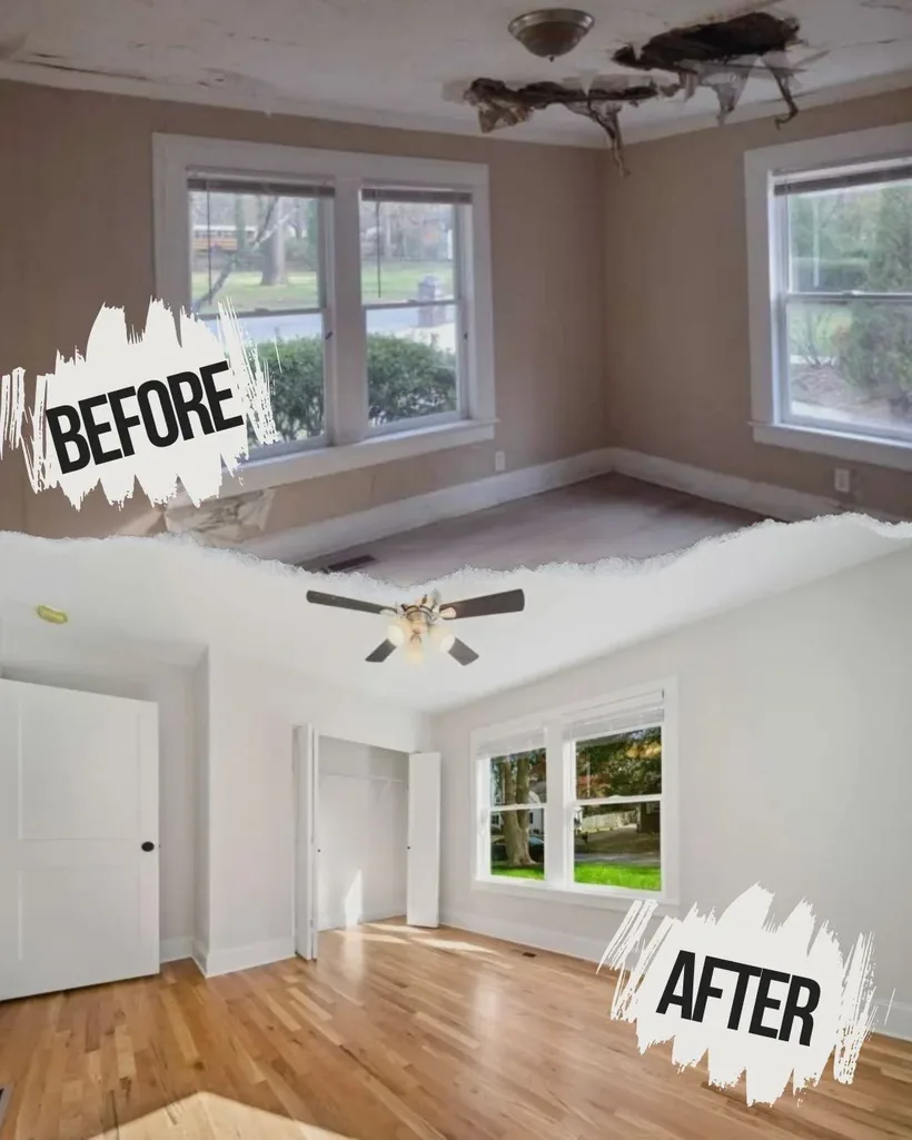 Before and after of the kitchen in the Atlanta flip — outdated cabinets and black appliances replaced with white shaker cabinets, a stainless range, and a vent hood