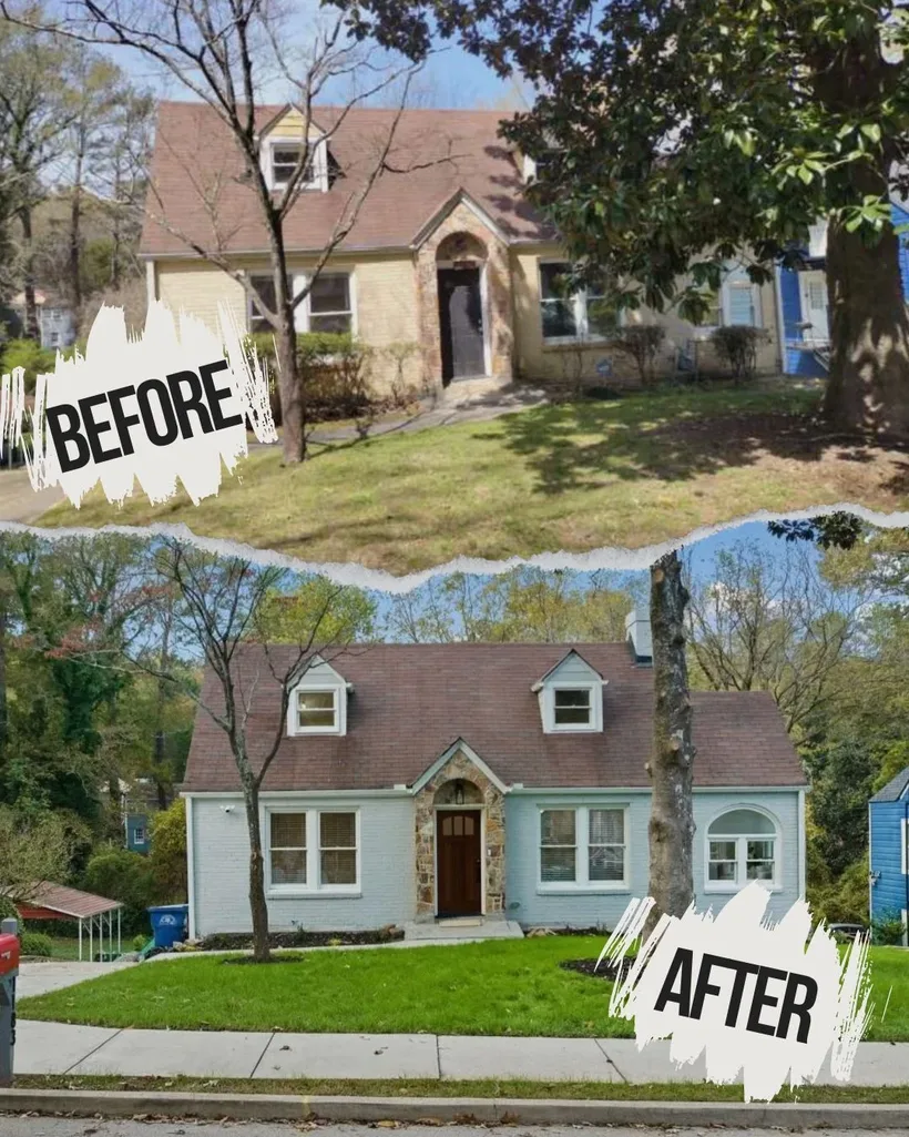 Before and after of the living room in the Atlanta flip — dim, dated room opened into a bright, staged living area with refinished floors