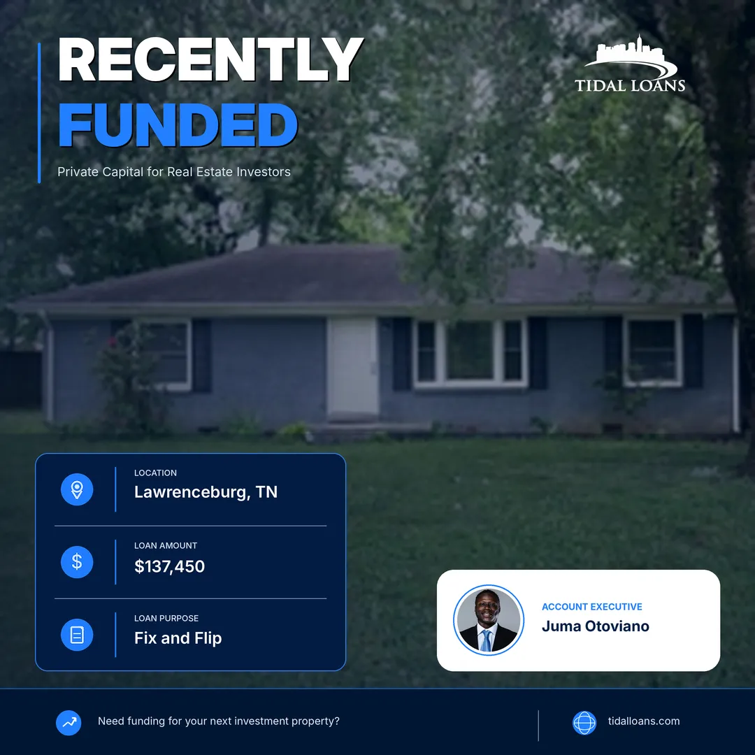 Recently funded Tidal Loans fix and flip hard money loan on an investment property in Lawrenceburg, Tennessee — $137,450 loan amount